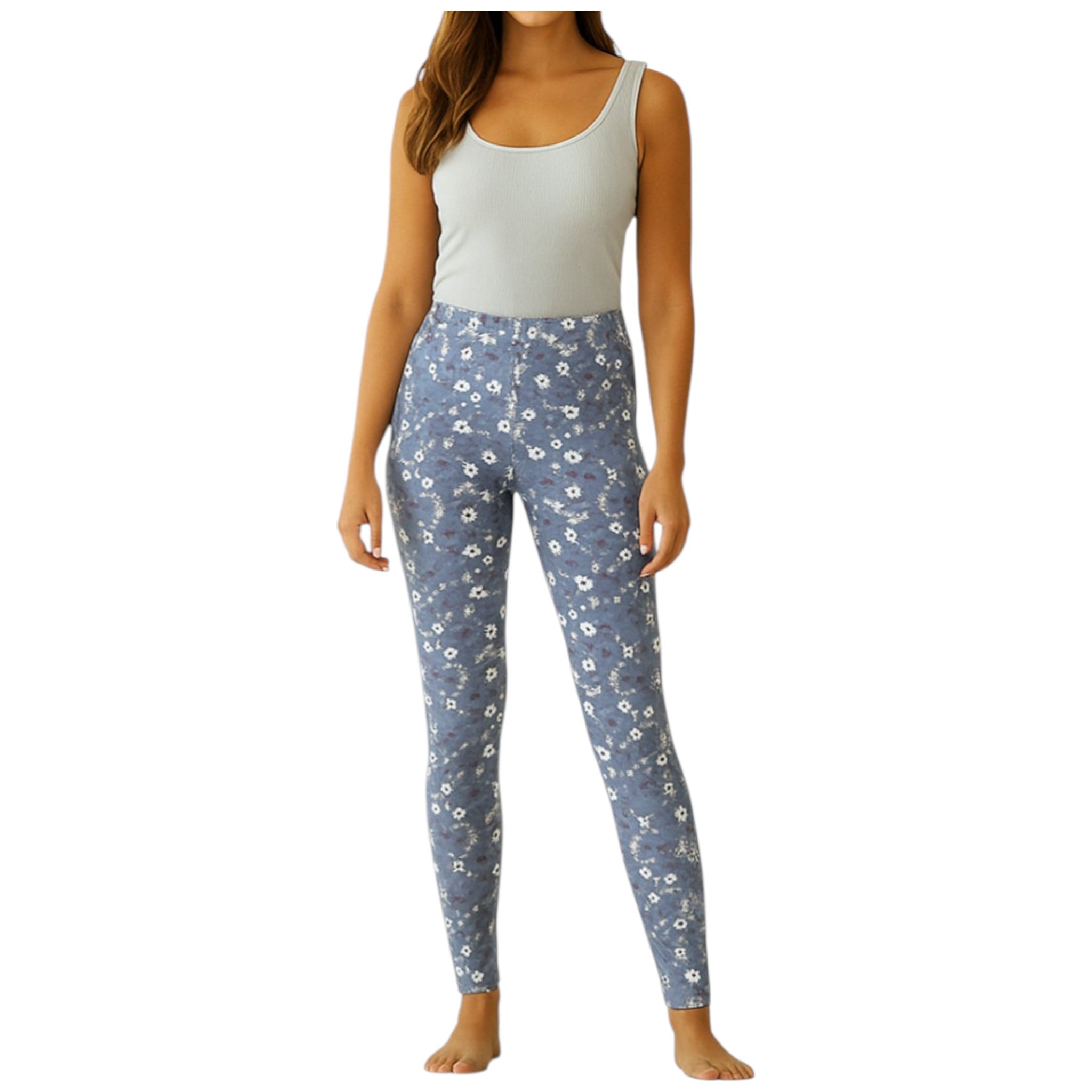 Girls duck egg blue floral print leggings – soft full-length pants with white flower design, casual and comfortable fit.